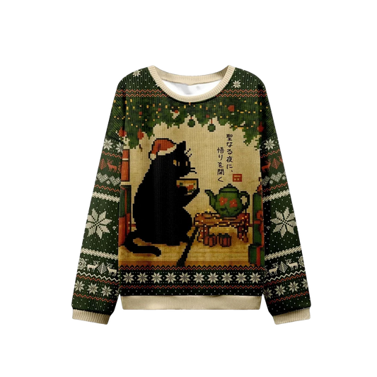 2026 Christmas Cat Drinking Tea Ugly Sweater - Moonbestprint
