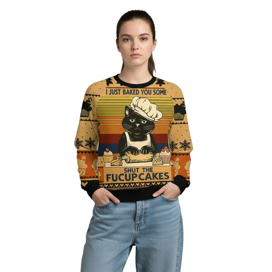 2026 Christmas Cat Baking Shut The Fucup Cakes Ugly Sweater - Moonbestprint