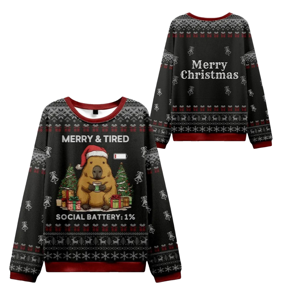 2026 Christmas Capybara Social Battery Ugly Sweater - Moonbestprint