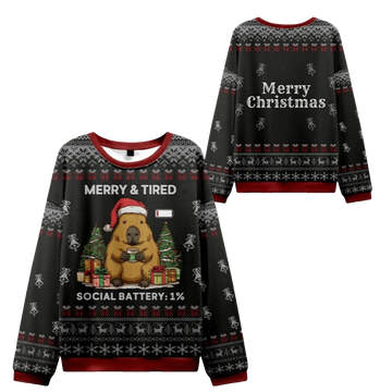 2026 Christmas Capybara Social Battery Ugly Sweater - Moonbestprint