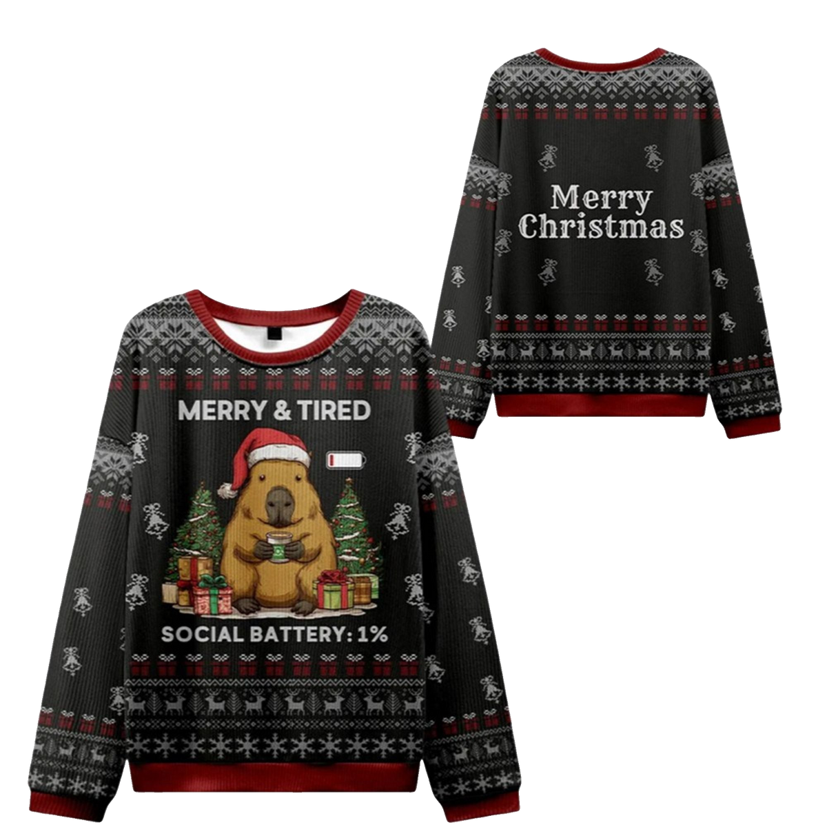 2026 Christmas Capybara Social Battery Ugly Sweater - Moonbestprint