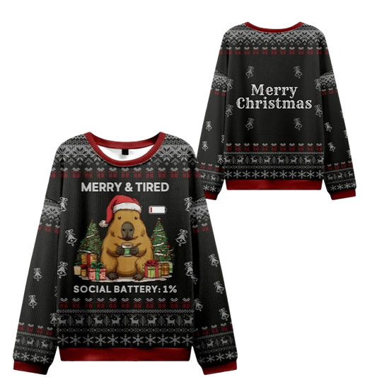 2026 Christmas Capybara Social Battery Ugly Sweater - Moonbestprint