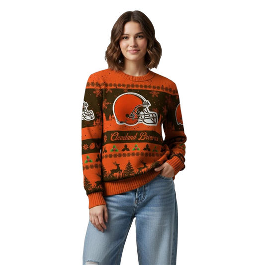 2026 Christmas Browns Festive Reindeer Tree Ugly Sweater - Moonbestprint