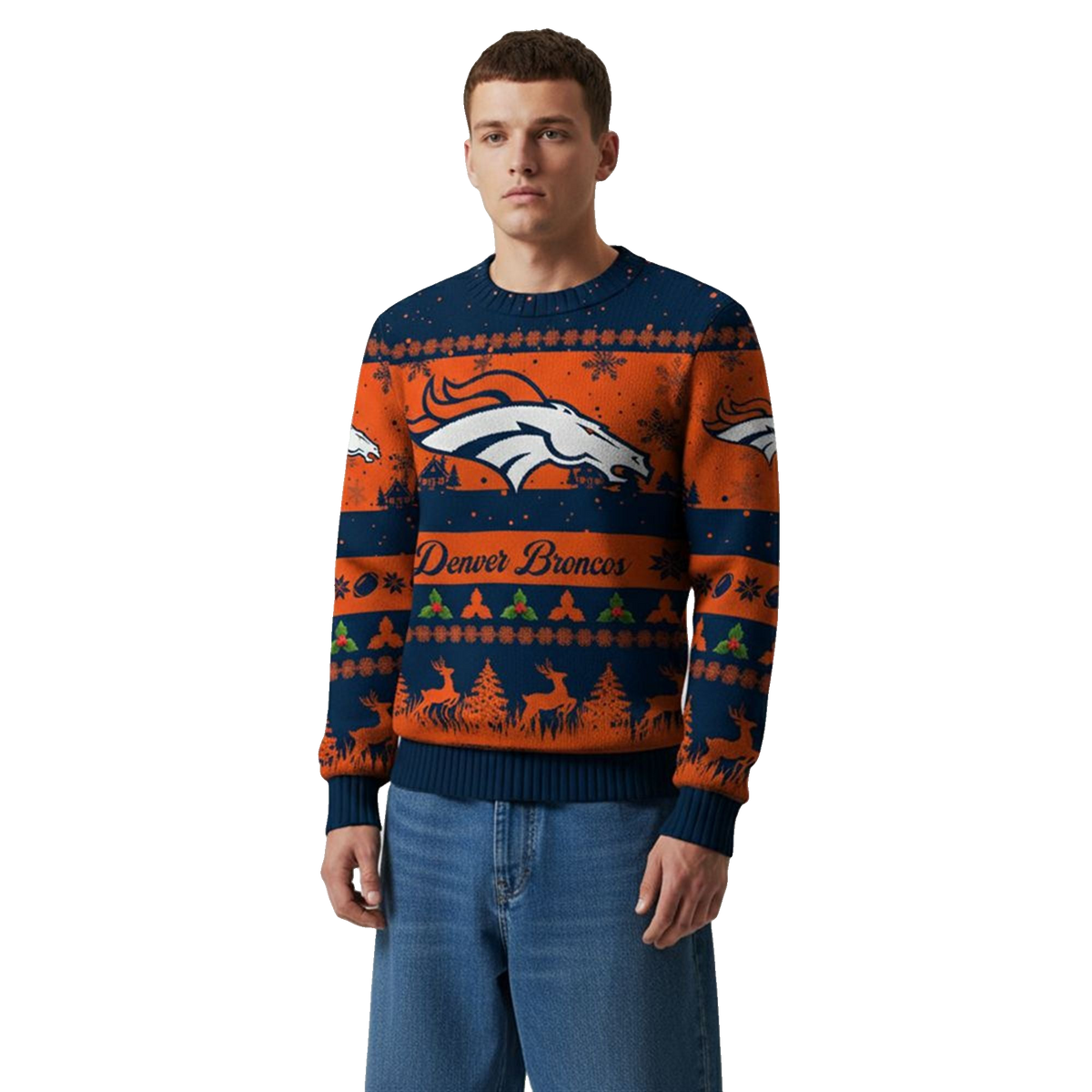 2026 Christmas Broncos Festive Reindeer Tree Ugly Sweater - Moonbestprint
