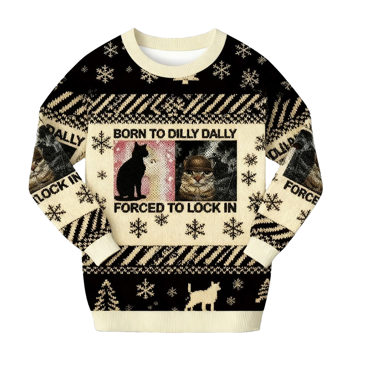 2026 Christmas Born to Dilly Dally Funny Cat Meme Ugly Sweater - Moonbestprint