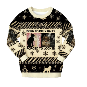 2026 Christmas Born to Dilly Dally Funny Cat Meme Ugly Sweater - Moonbestprint