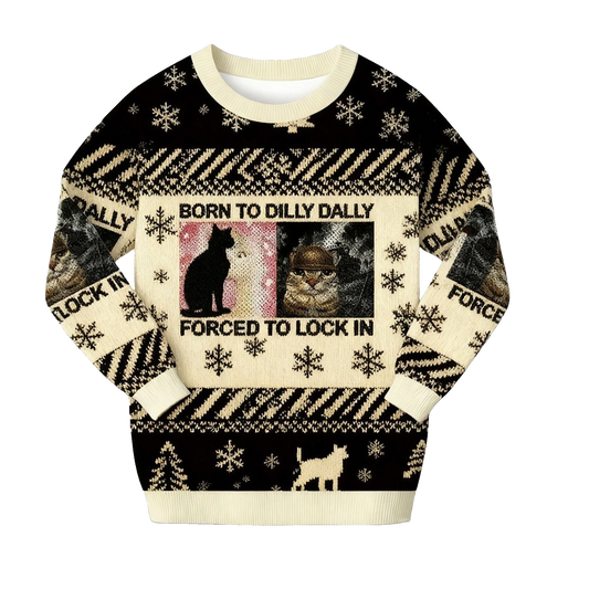 2026 Christmas Born to Dilly Dally Funny Cat Meme Ugly Sweater - Moonbestprint