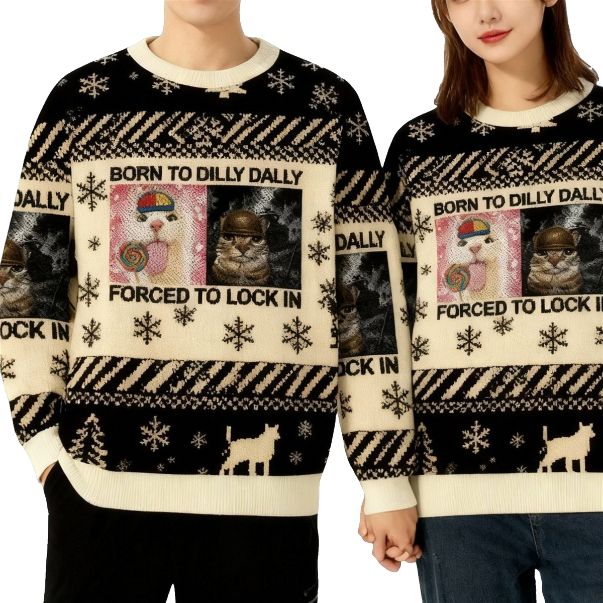 2026 Christmas Born to Dilly Dally Funny Cat Meme Ugly Sweater - Moonbestprint