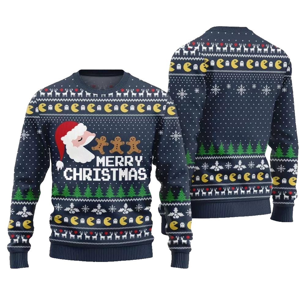 2026 Christmas Bold Pacman Santa Ghost Hunt Ugly Christmas Sweater - Moonbestprint