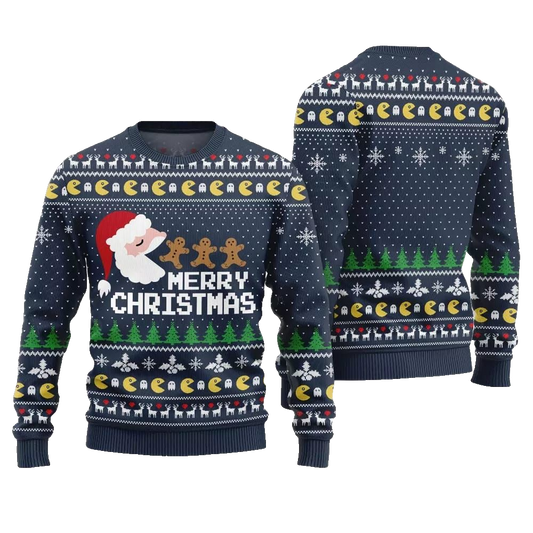 2026 Christmas Bold Pacman Santa Ghost Hunt Ugly Christmas Sweater - Moonbestprint