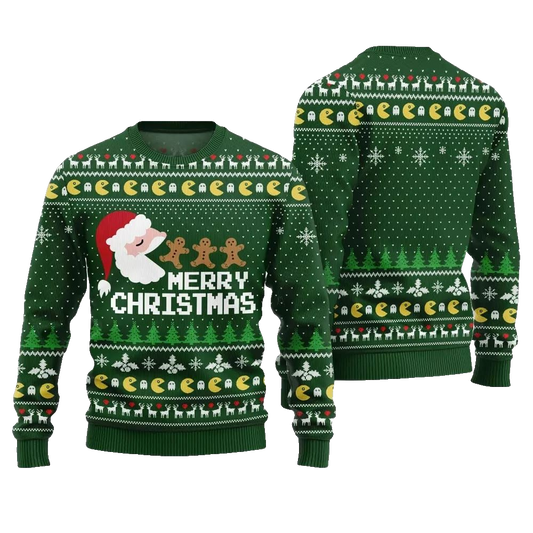 2026 Christmas Bold Pacman Santa Ghost Hunt Ugly Christmas Sweater - Moonbestprint