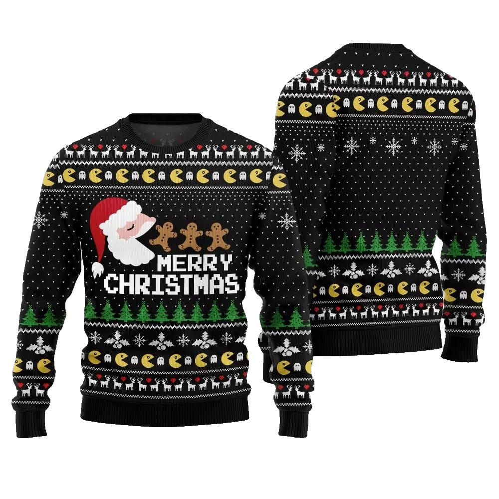 2026 Christmas Bold Pacman Santa Ghost Hunt Ugly Christmas Sweater - Moonbestprint