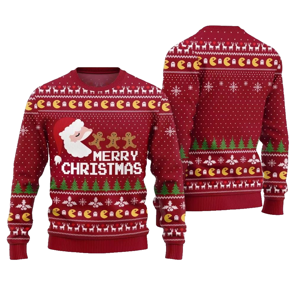 2026 Christmas Bold Pacman Santa Ghost Hunt Ugly Christmas Sweater - Moonbestprint
