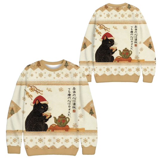 2026 Christmas Black Cat Drinking Tea Ugly Sweater - Moonbestprint