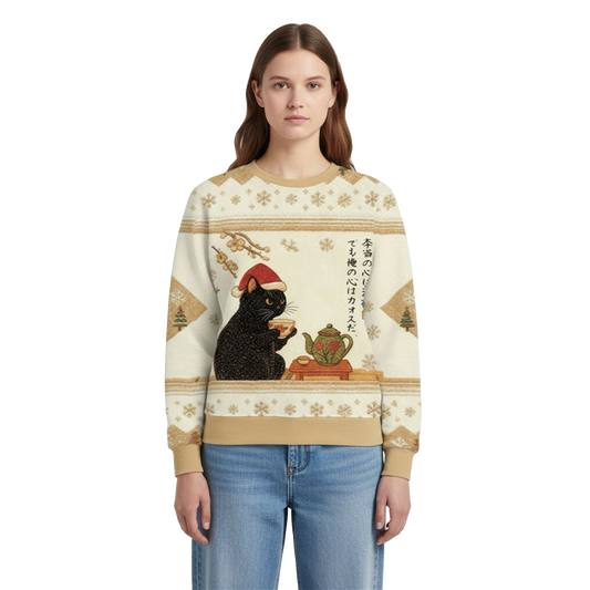 2026 Christmas Black Cat Drinking Tea Ugly Sweater - Moonbestprint