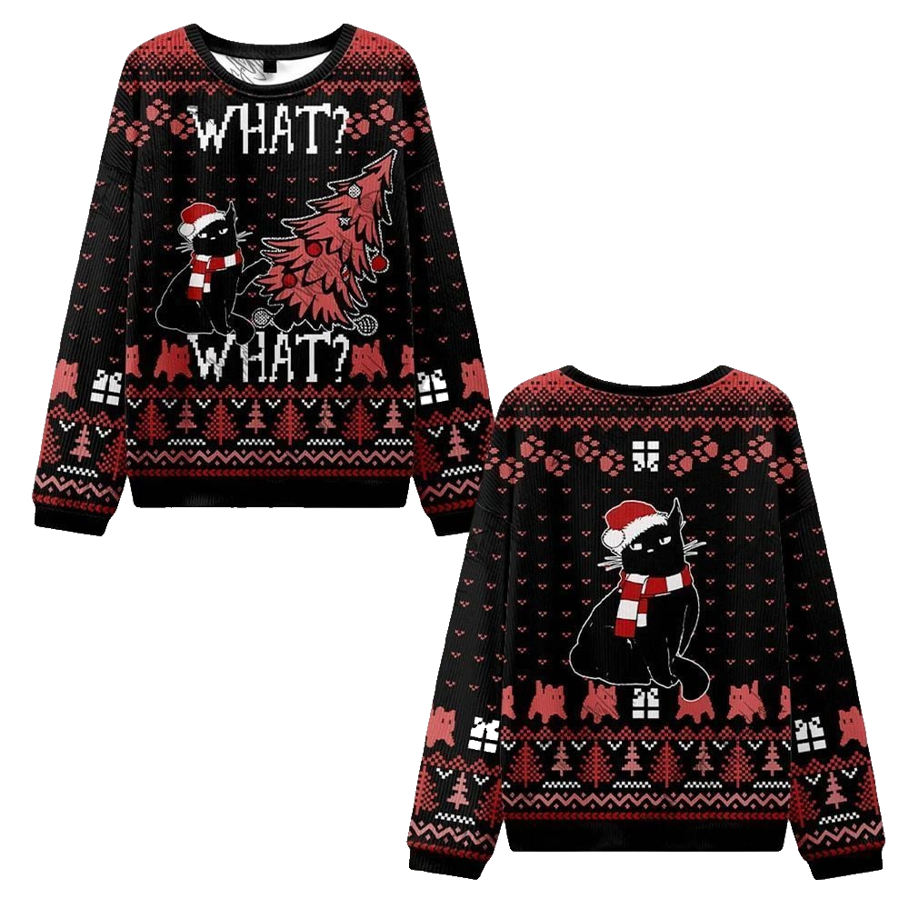 2026 Christmas Black Cat What What Ugly Christmas Sweater - Moonbestprint