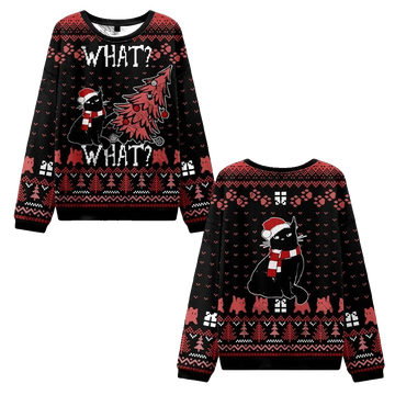 2026 Christmas Black Cat What What Ugly Christmas Sweater - Moonbestprint