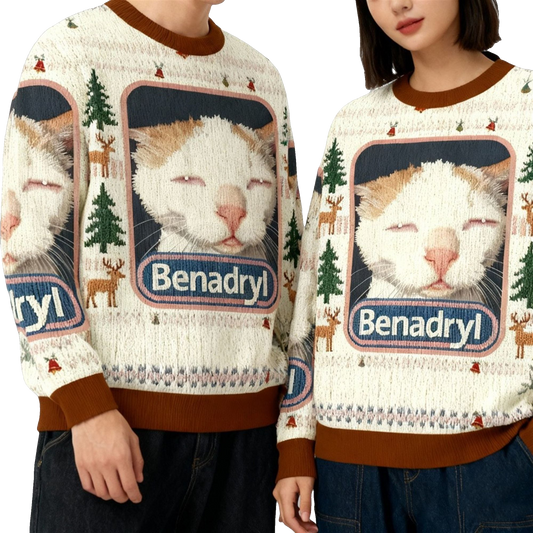 2026 Christmas Benadryl Cat Meme Ugly Sweater - Moonbestprint