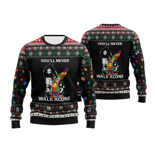 2026 Christmas Autism You'll Never Walk Alone Ugly Sweater - Moonbestprint