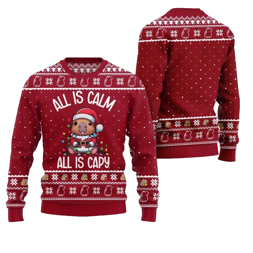 2026 Christmas All Is Calm Capybara Ugly Christmas Sweater - Moonbestprint