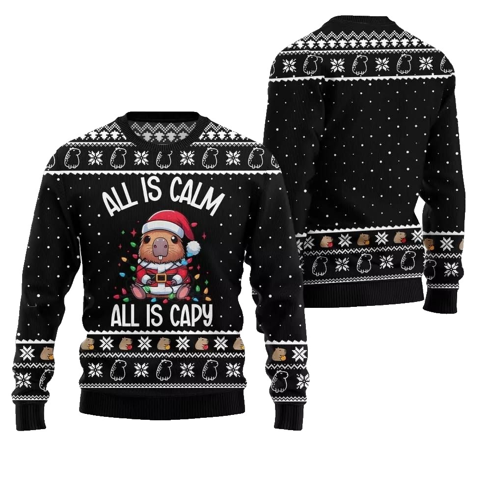 2026 Christmas All Is Calm Capybara Ugly Christmas Sweater - Moonbestprint