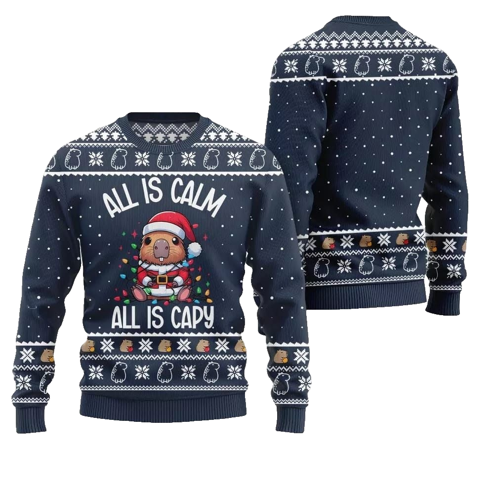 2026 Christmas All Is Calm Capybara Ugly Christmas Sweater - Moonbestprint