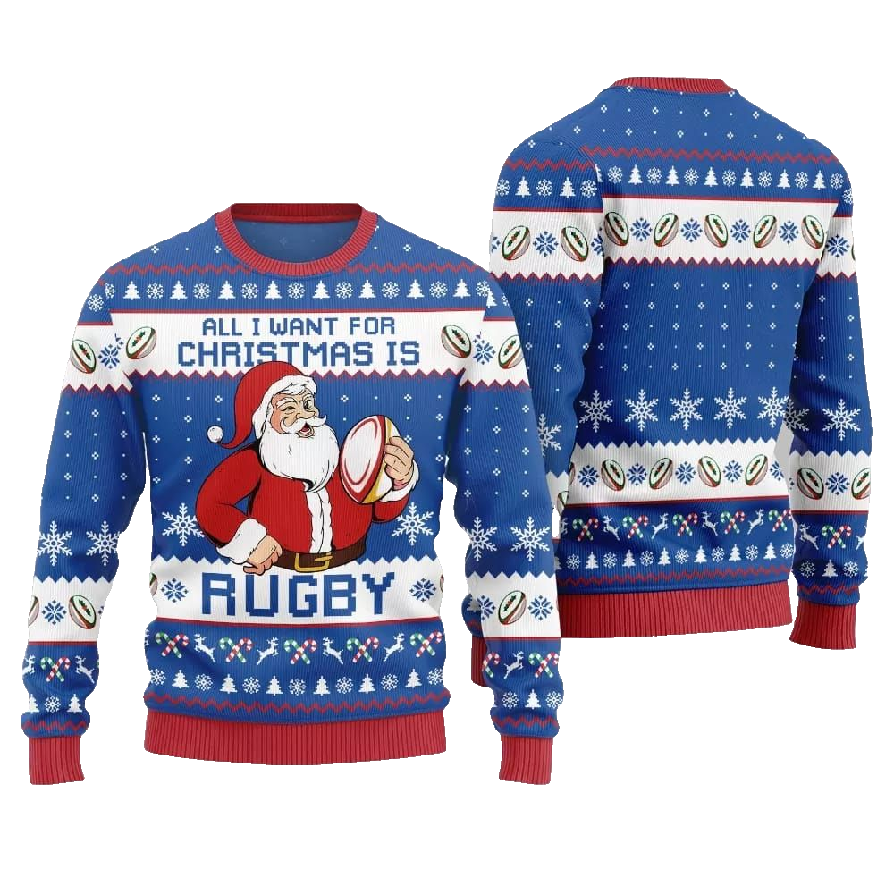 2026 Christmas All I Want For Christmas Is Rugby Ugly Christmas Sweater - Moonbestprint