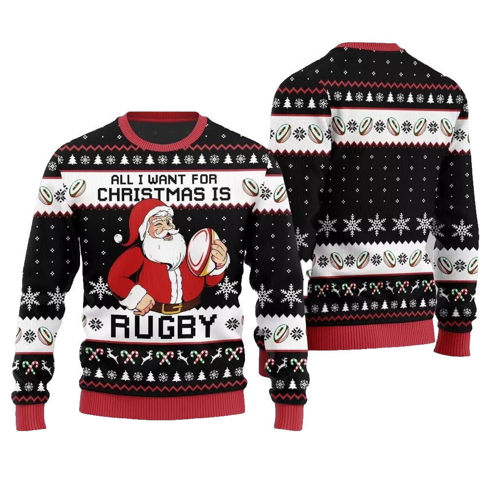 2026 Christmas All I Want For Christmas Is Rugby Ugly Christmas Sweater - Moonbestprint