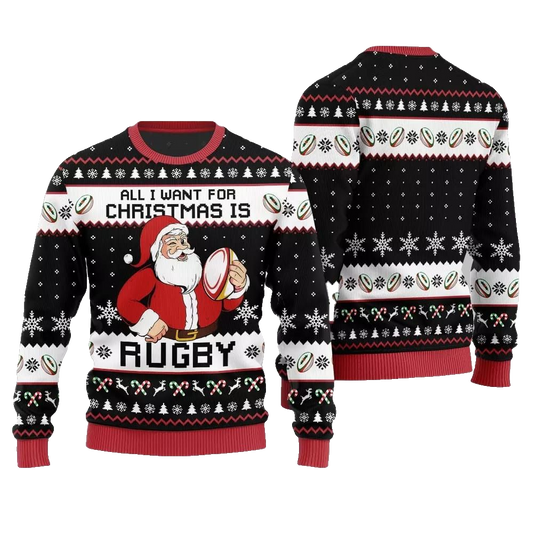 2026 Christmas All I Want For Christmas Is Rugby Ugly Christmas Sweater - Moonbestprint