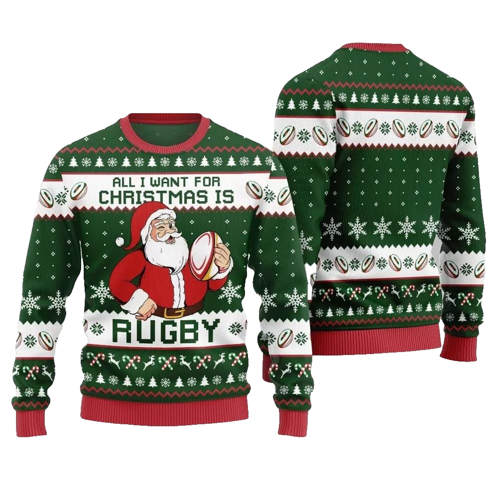 2026 Christmas All I Want For Christmas Is Rugby Ugly Christmas Sweater - Moonbestprint