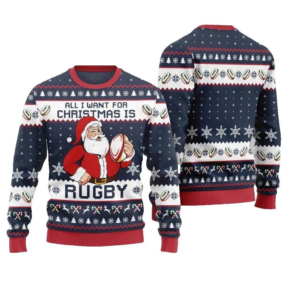 2026 Christmas All I Want For Christmas Is Rugby Ugly Christmas Sweater - Moonbestprint
