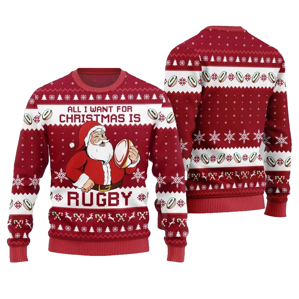 2026 Christmas All I Want For Christmas Is Rugby Ugly Christmas Sweater - Moonbestprint