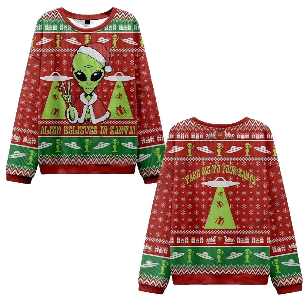 2026 Christmas Alien Believes in Santa Ugly Christmas Sweater - Moonbestprint