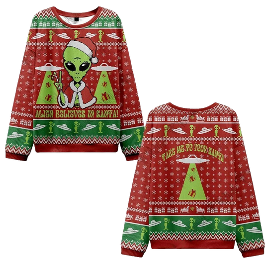 2026 Christmas Alien Believes in Santa Ugly Christmas Sweater - Moonbestprint