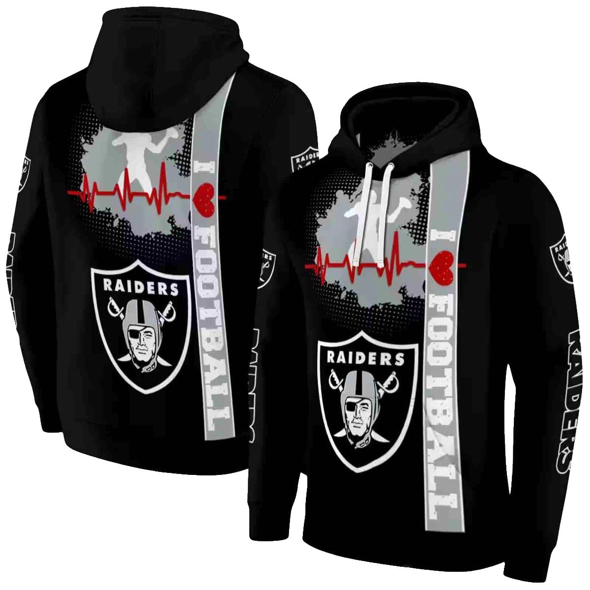 Las Vegas Raiders Logo And Heartbeat Black AOP Hoodie - Moonbestprint