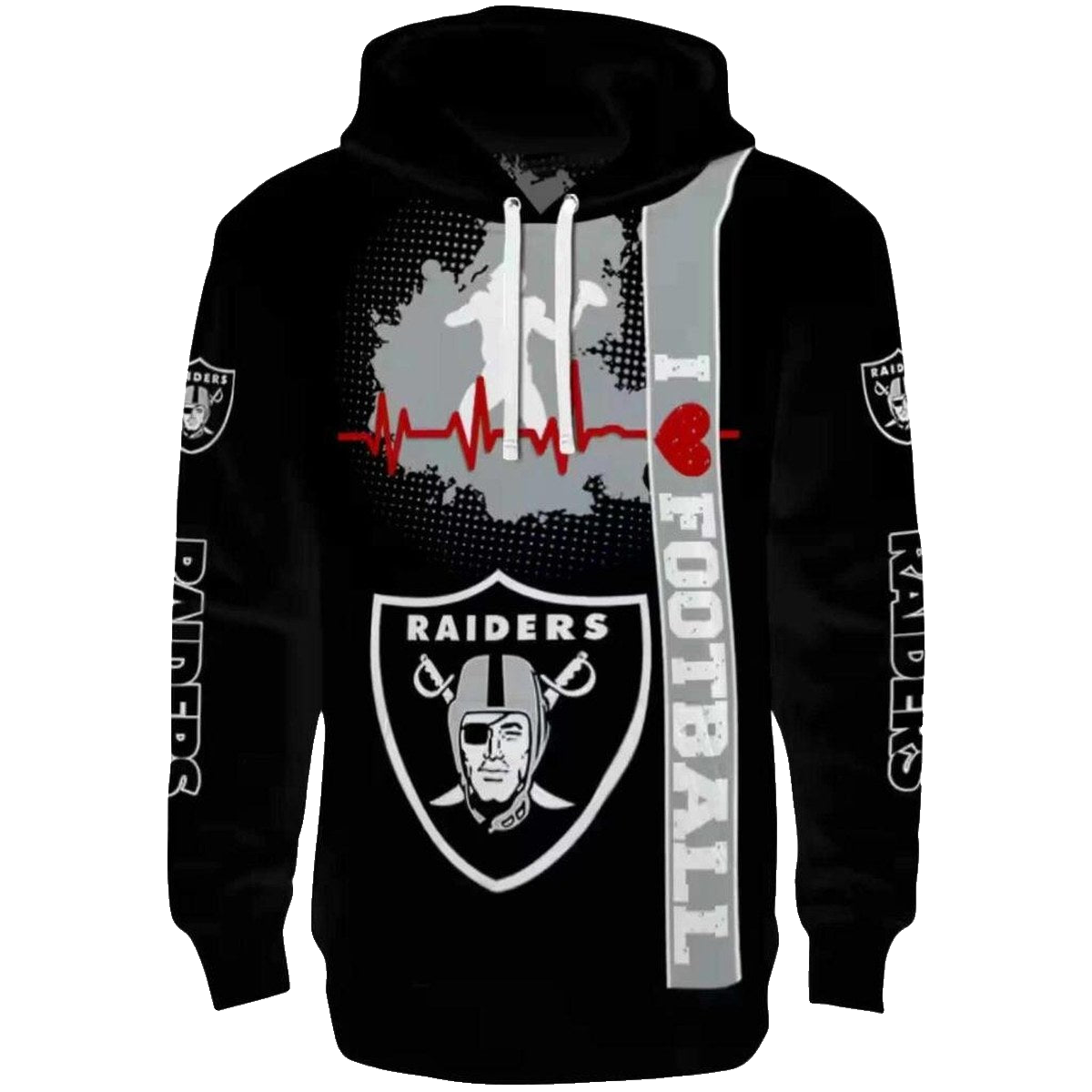 Las Vegas Raiders Logo And Heartbeat Black AOP Hoodie - Moonbestprint