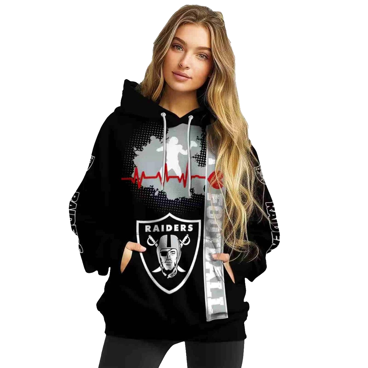 Las Vegas Raiders Logo And Heartbeat Black AOP Hoodie - Moonbestprint