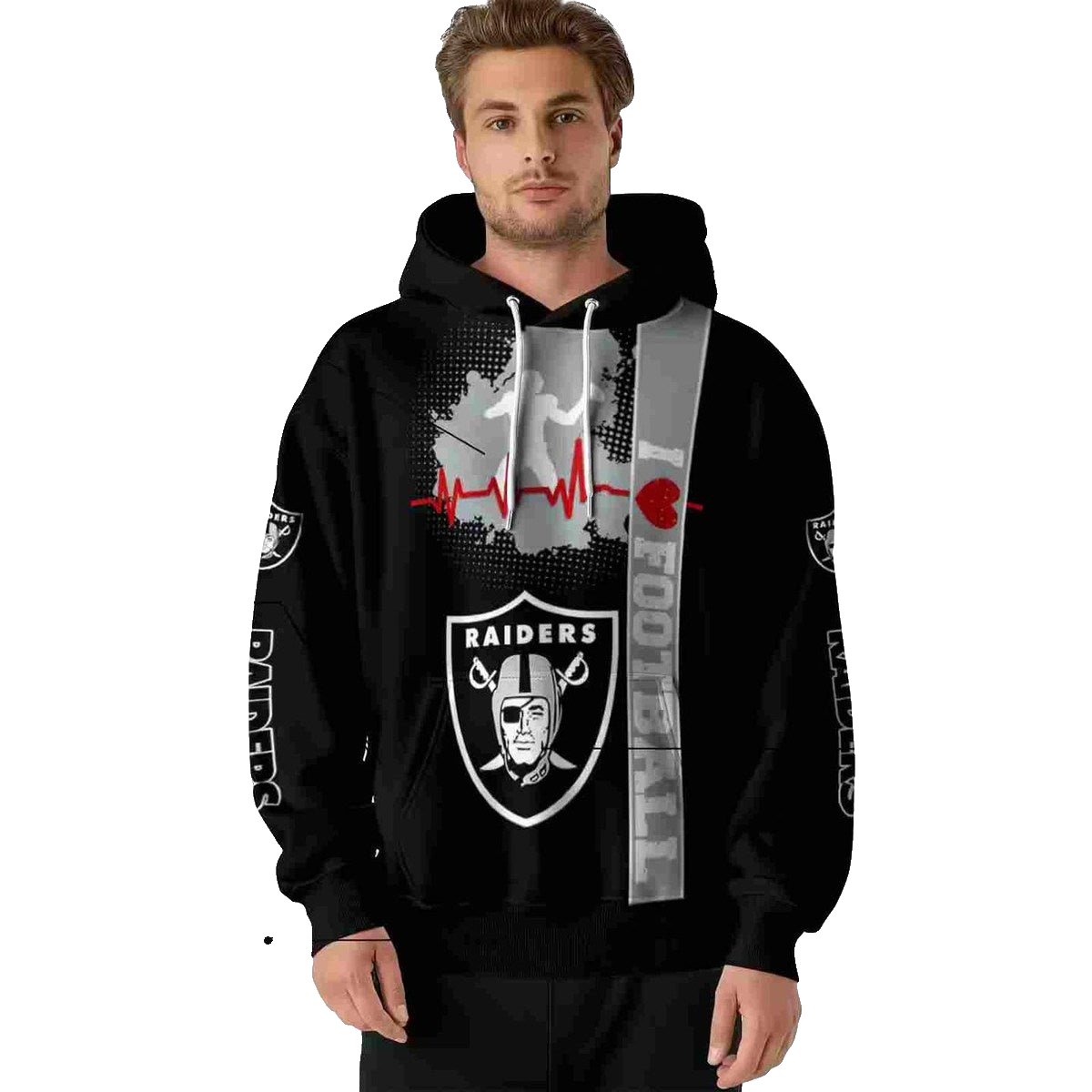 Las Vegas Raiders Logo And Heartbeat Black AOP Hoodie - Moonbestprint