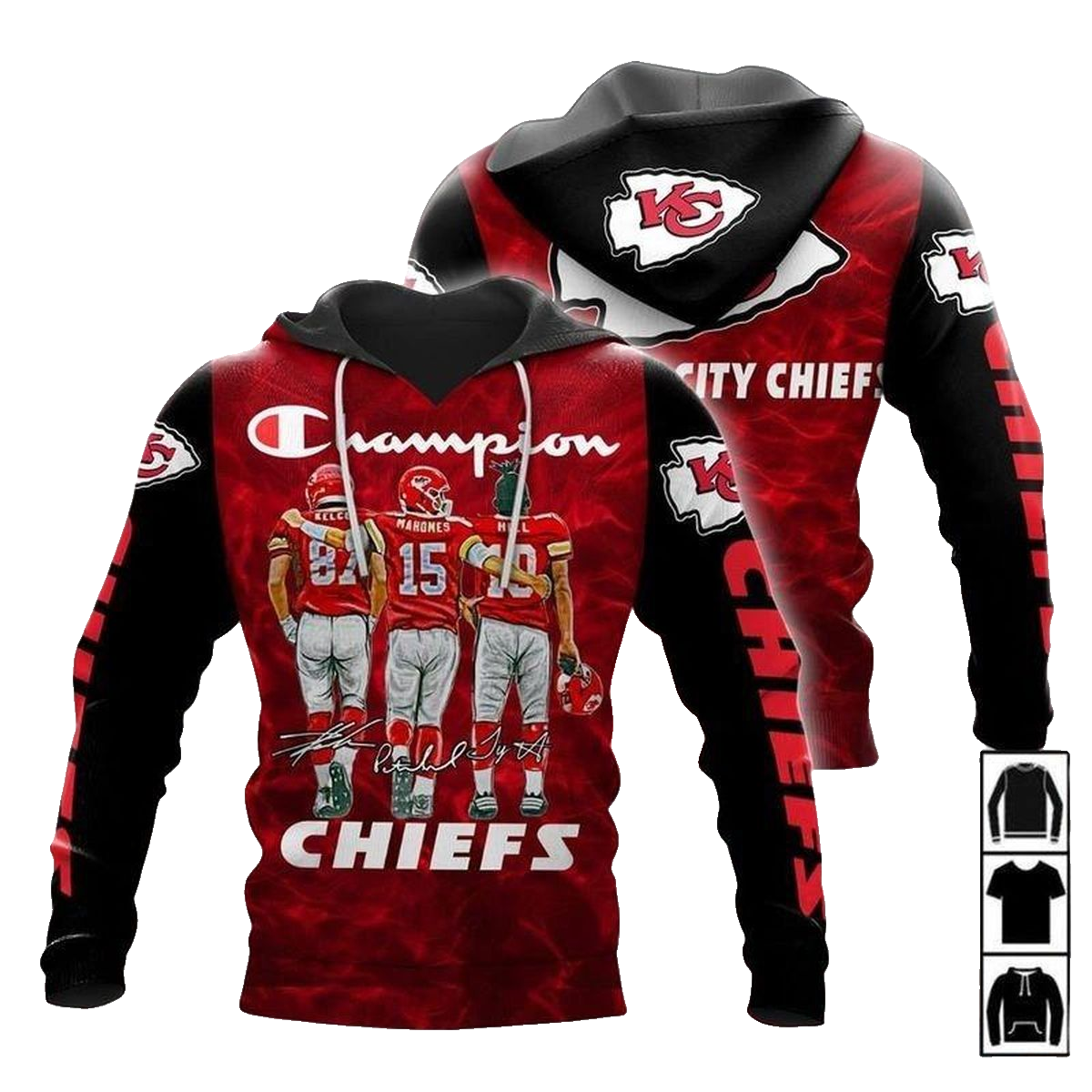 Kansas City Chiefs Hoodie With Travis Kelce, Mahomes & Tyreek Hill Signatures Unisex Fan Graphic - Moonbestprint