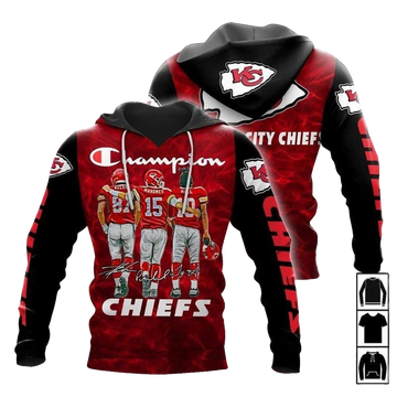 Kansas City Chiefs Hoodie With Travis Kelce, Mahomes & Tyreek Hill Signatures Unisex Fan Graphic - Moonbestprint