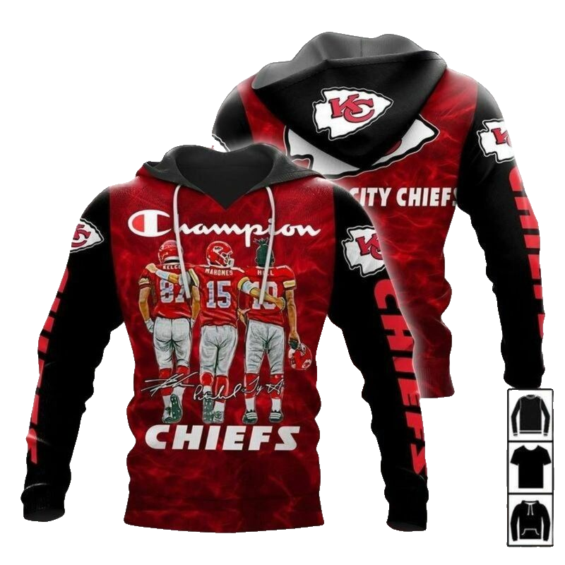 Kansas City Chiefs Hoodie With Travis Kelce, Mahomes & Tyreek Hill Signatures Unisex Fan Graphic - Moonbestprint