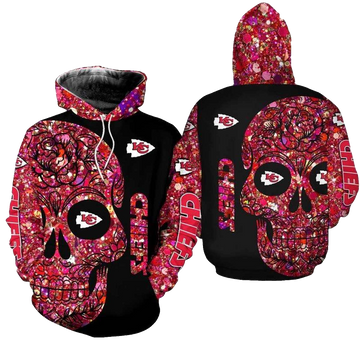 Kansas City Chiefs Graphic Hoodie With Skull And Palm Flower Unisex Fan Gift - Moonbestprint
