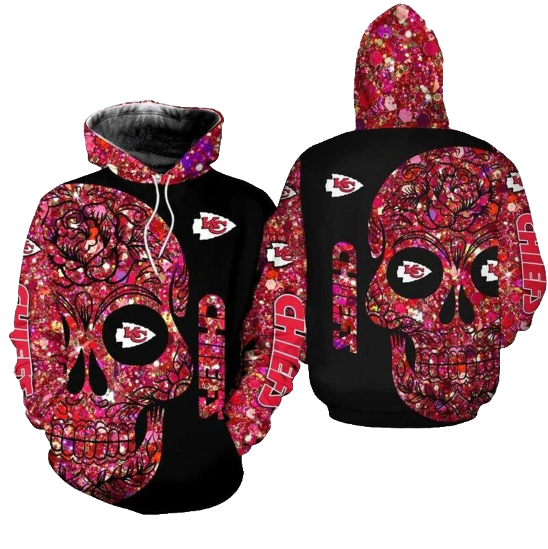 Kansas City Chiefs Graphic Hoodie With Skull And Palm Flower Unisex Fan Gift - Moonbestprint