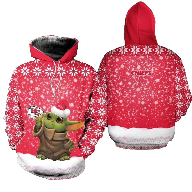 Kansas City Chiefs Baby Yoda Christmas Graphic Hoodie Unisex Red Snow Design - Moonbestprint