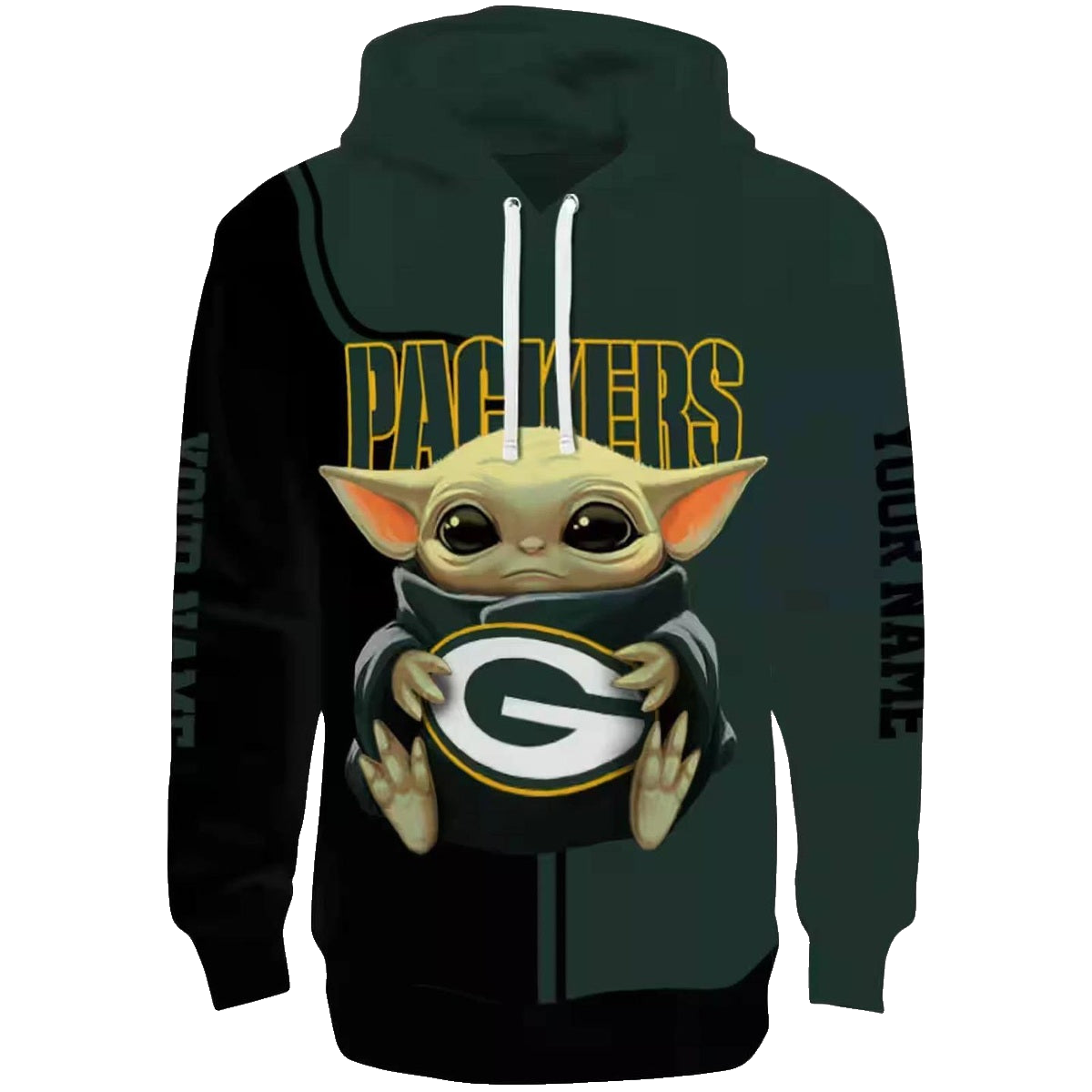 Personalized Green Bay Packers Baby Yoda Green Black Aop Hoodie - Moonbestprint