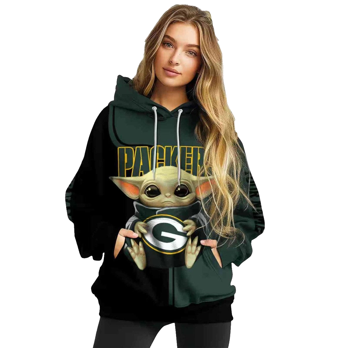 Personalized Green Bay Packers Baby Yoda Green Black Aop Hoodie - Moonbestprint