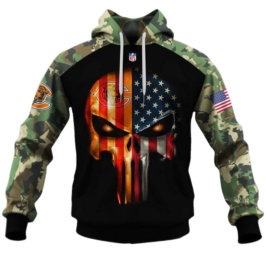 Chicago Bears Army Camouflage American Flag Punisher AOP Hoodie -  Moonbestprint