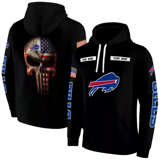Personalized Buffalo Bills Punisher Skull Flag Black Blue AOP Hoodie -  Moonbestprint