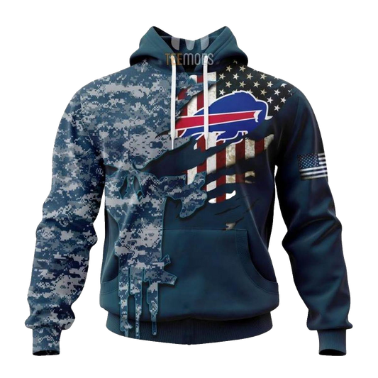Personalized Buffalo Bills Navy Skull Camo Veteran AOP Hoodie -  Moonbestprint