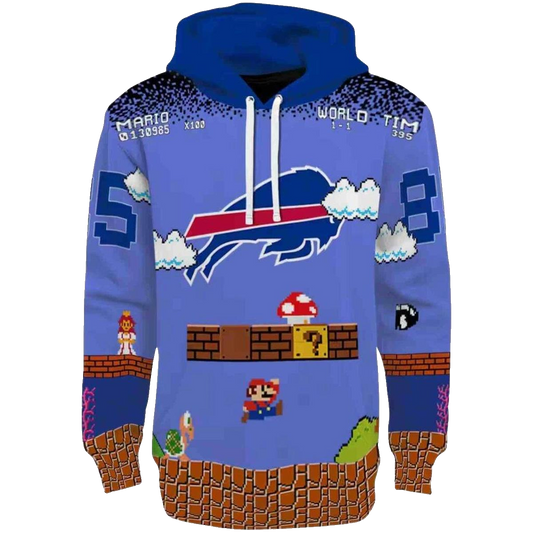 Personalized Buffalo Bills Mario Blue Black AOP Hoodie -  Moonbestprint